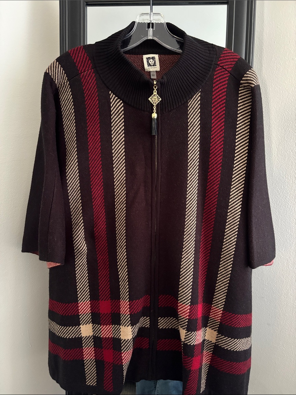 Anne Klein Black Zip-Front Poncho with Brown/ Red and Cream Stripes
